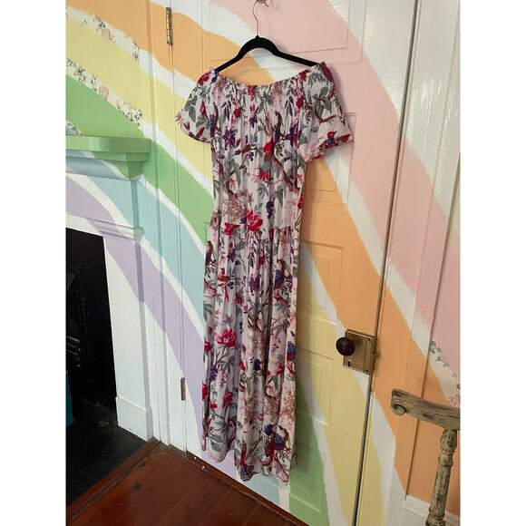 Guadalupe Women’s Maxi Dress Floral Bird Print Cotton Boho Peasant Off Shoulder - Picture 5 of 12